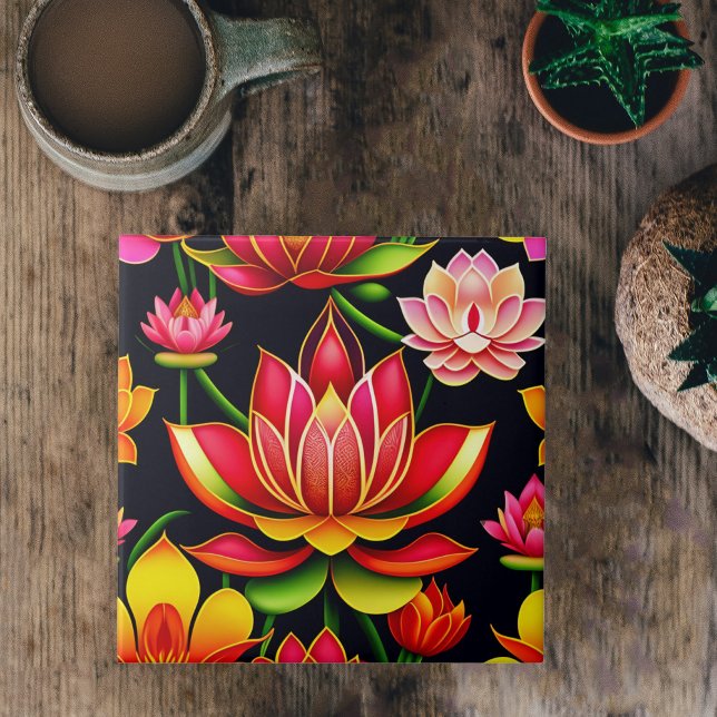 Carreau Illustration florale de lotus rouge (Créateur téléchargé)