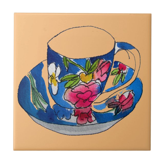 Carreau illustration originale de l'aquarelle Teacups vint (Devant)