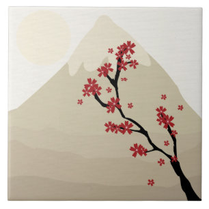 Carreau Illustration rouge du mont Fuji Japon de fleurs de