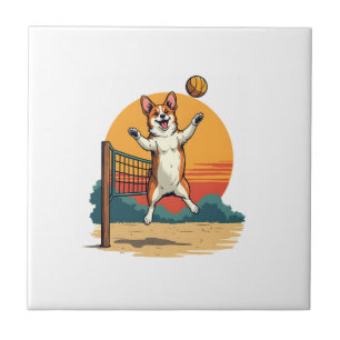 Carreau Illustration vectorielle vintage Corgi Volleyball 