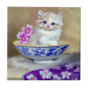 Carreau Illustration vintage de chaton blanc
