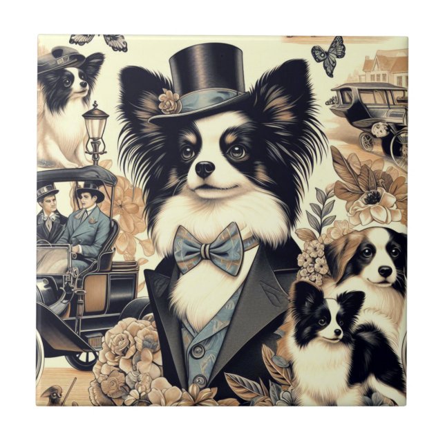 Carreau Illustration vintage de chien Papillon (Devant)