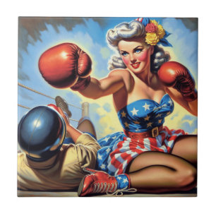 Carreau Illustration vintage de fille de boxe