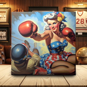 Carreau Illustration vintage de fille de boxe