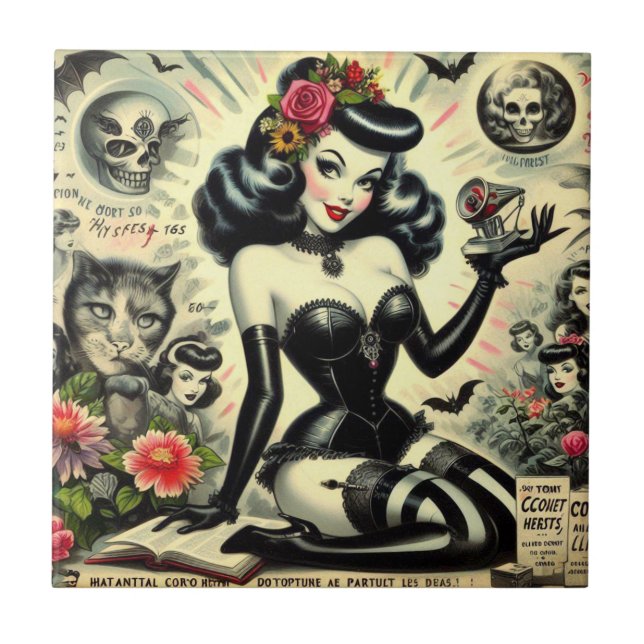 Carreau Illustration vintage Goth Girl (Devant)