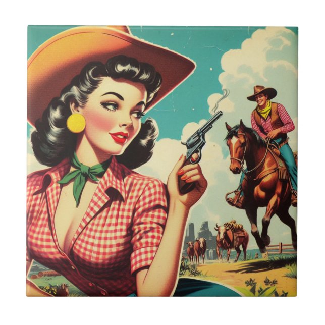 Carreau Illustration vintage Pulp Cowgirl (Devant)
