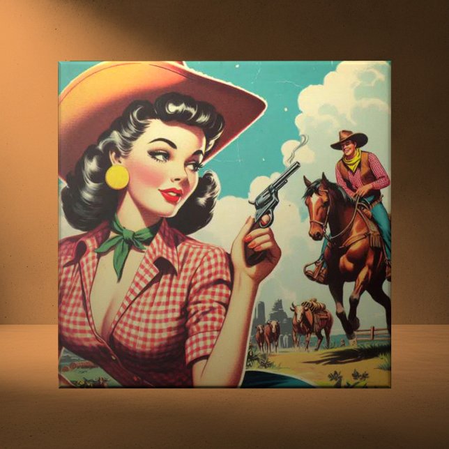 Carreau Illustration vintage Pulp Cowgirl (Créateur téléchargé)