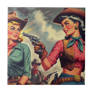 Carreau Illustration vintage Pulp Cowgirls