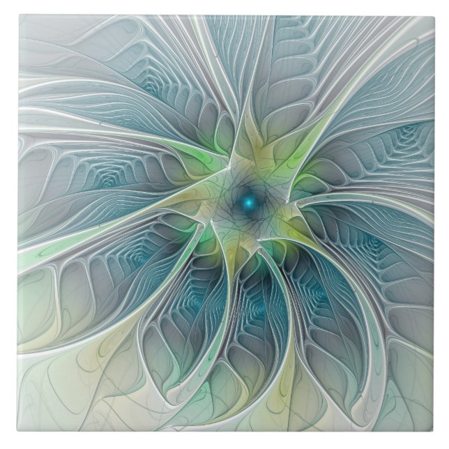 Carreau Imaginaire fleuri Moderne Bleu Vert Fractal Fleur (Devant)