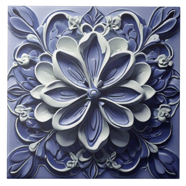 Carreau Indigo Azulejo Bleu Portugais Faux Relief Floral (Devant)