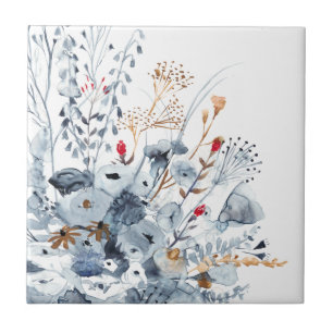 Carreau Indigo et ocre - fleurs d'aquarelle