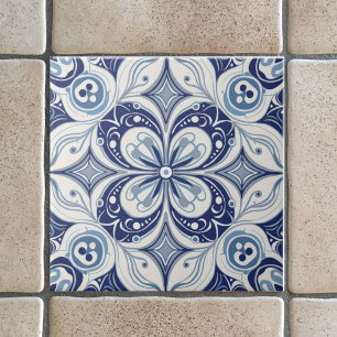 Carreau Inspiration Méditerranéenne Fleur Bleue Géométriqu
