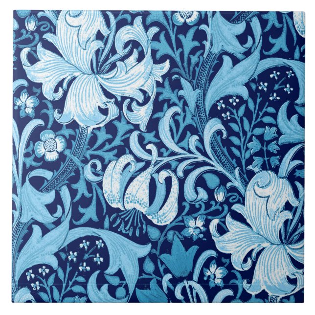 Carreau Iris de William Morris et lis, bleu d'indigo (Devant)