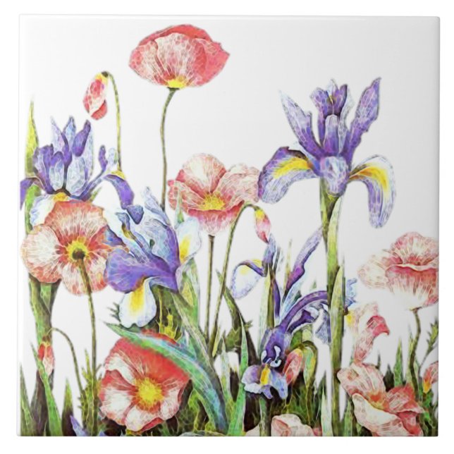 Carreau Iris et fleurs de pavot Aquarelle Florale (Devant)