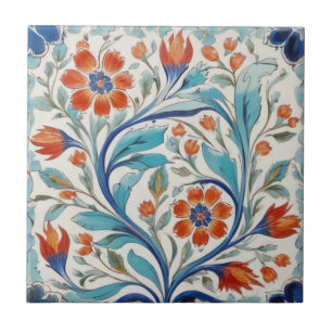 Carreau Iznik Turc Floral Vert Bleu Orange Rouge Fleurs