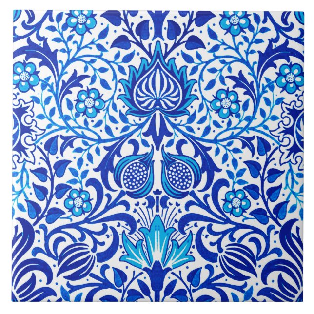 Carreau Jacobean Floral Damask, Cobalt bleu et blanc (Devant)