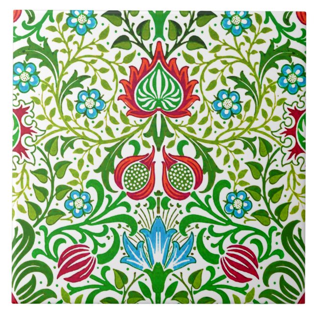 Carreau Jacobean Floral Damask, vert et corail rouge (Devant)