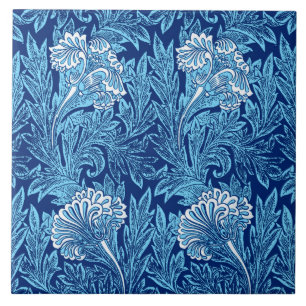 Carreau Jacobean Flower Damask, Navy, Sky Blue et White