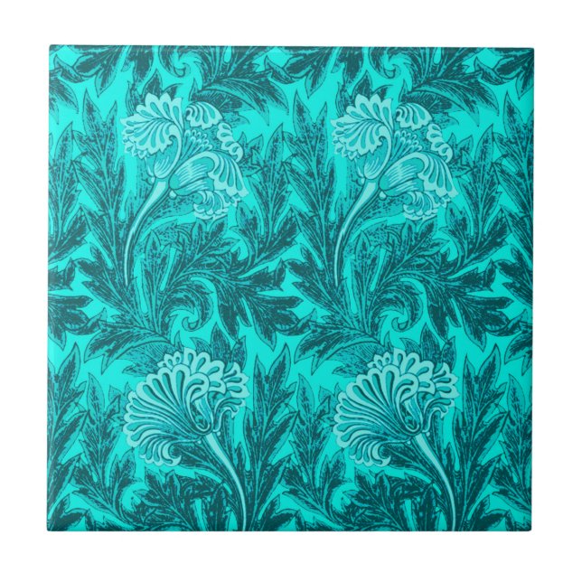 Carreau Jacobean Flower Damask, Turquoise Turquoise et Aqu (Devant)