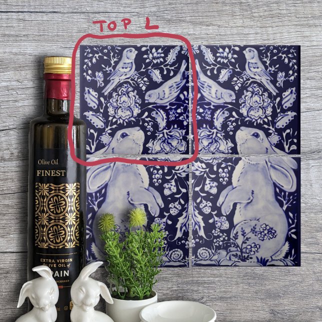 Carreau Jacobean Rabbit Oiseaux Fleurs Bleu Blanc Haut L (Créateur téléchargé)