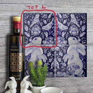 Carreau Jacobean Rabbit Oiseaux Fleurs Bleu Blanc Haut L