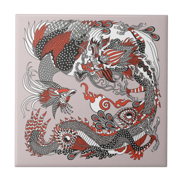Carreau Jade Dragon et Gold Phoenix jouant avec une perle  (Devant)