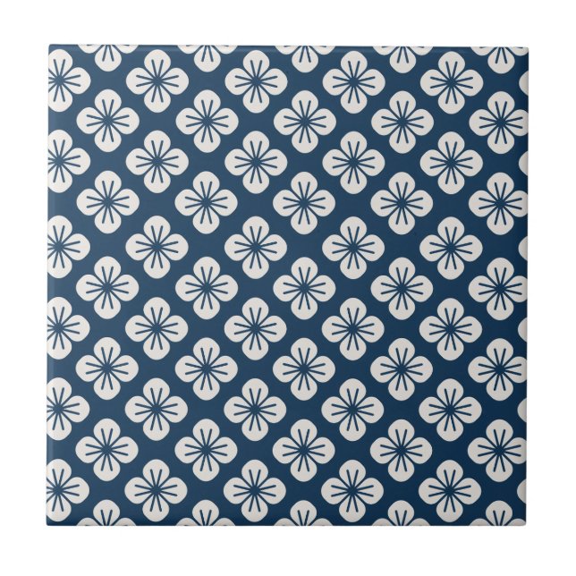 Carreau Japanese Navy Blue Ivory Floral Geometric Pattern (Devant)