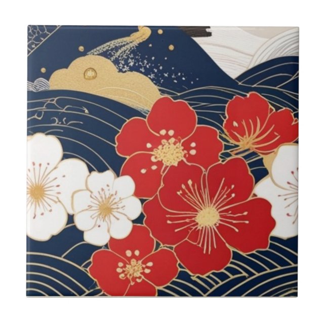 Carreau Japanese Waves and Blossoms Ceramic Tile - Piece 1 (Devant)