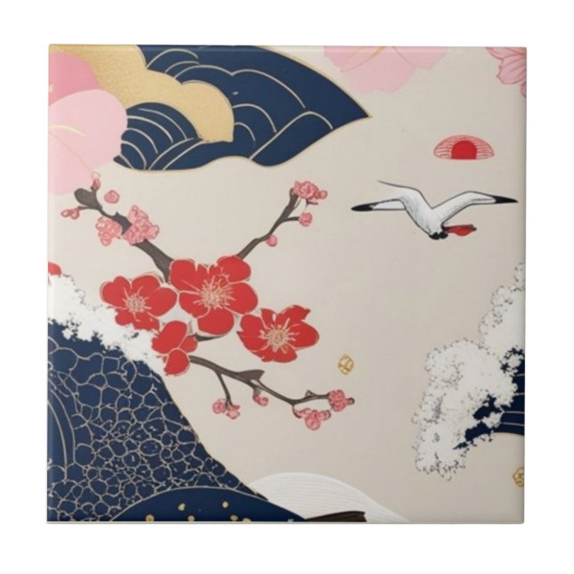 Carreau Japanese Waves and Blossoms Ceramic Tile - Piece 2 (Devant)