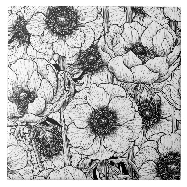 Carreau Jardin d'anémones en noir et blanc (Devant)