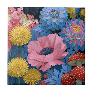 Carreau Jardin de champignons fleuris rose et bleu