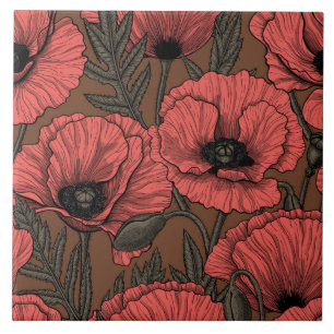 Carreau Jardin de coquelicot dans le corail et brun