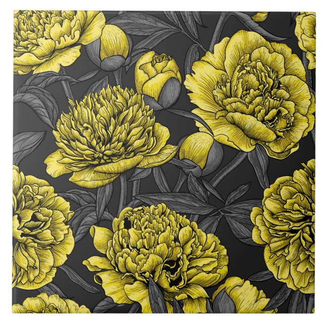 Carreau Jardin de pivoine nocturne en jaune et gris (Devant)