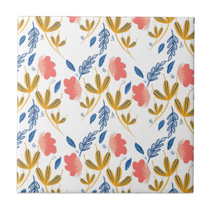 Carreau Jardin d'été Corail Floral Bleu Jaune