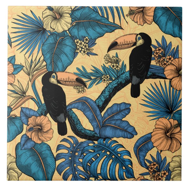 Carreau Jardin toucan en jaune et bleu (Devant)