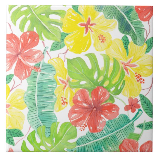 Carreau Jardin tropical, plumeria hibiscus et feuilles de  (Devant)