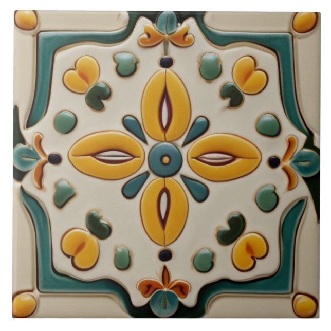 Carreau Jaune et Turquoise symétrique Abstrait Méditerrané (Devant)