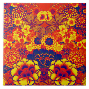 Carreau JAUNE ORANGE FLEURS Peony, Floral japonais Rose