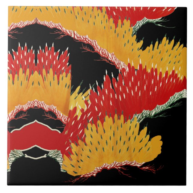 CARREAU JAUNE ROUGE JAUNE ABSTRAIT JAPONAIS FLORAL (Devant)