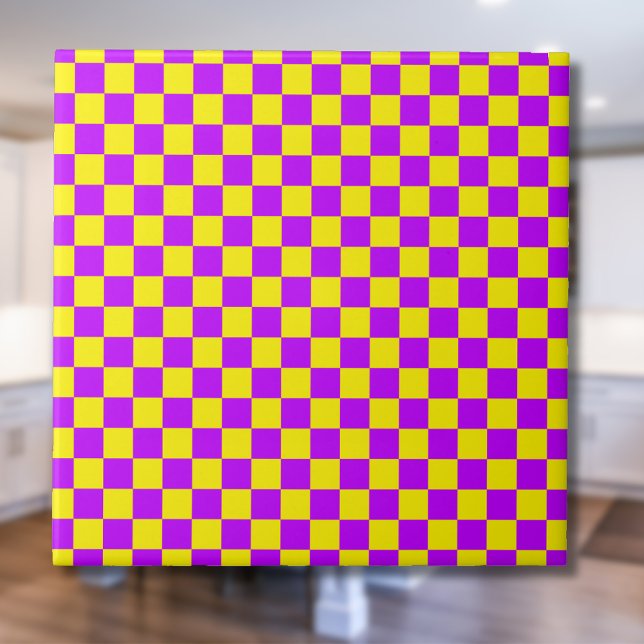 Carreau Jaune violet de néon À damiers damier Vintage (Créateur téléchargé)