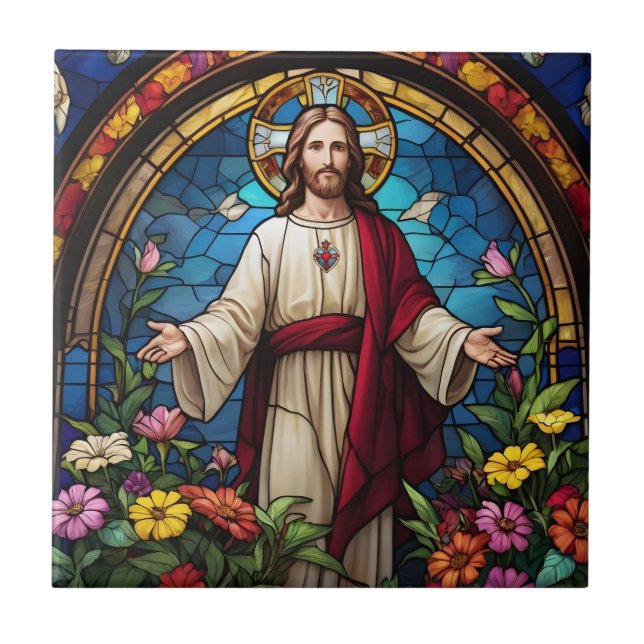 Carreau Jésus Christ Sacré Coeur Faux Verre Tiré (Devant)
