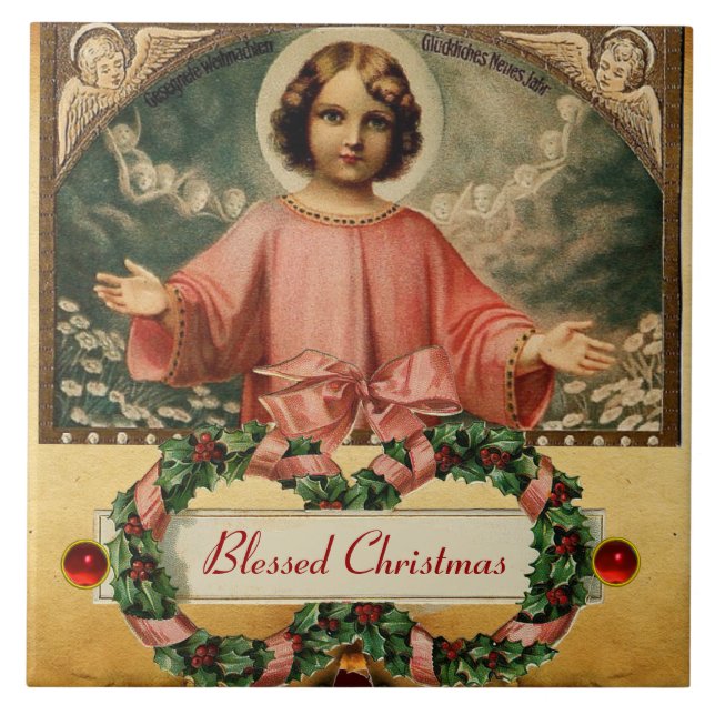 CARREAU JÉSUS ENFANT AUX ANGES ET COURONNES DE NOËL (Devant)
