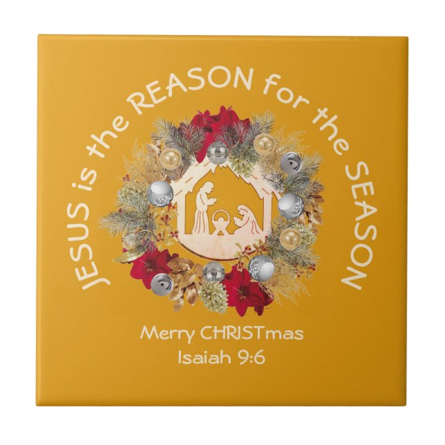 Carreau JÉSUS EST LA RAISON Jaune Christian Christmas Cer (Devant)