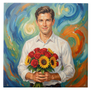 Carreau Jeune Homme avec Peinture de Style Rétro Bouquet