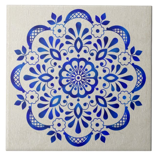 Carreau Joli Carrelage en céramique Mandala Floral Bleu. (Devant)