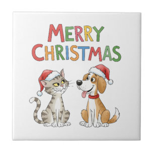 Carreau Joli chat de Noël et chien avec chapeau de Père No