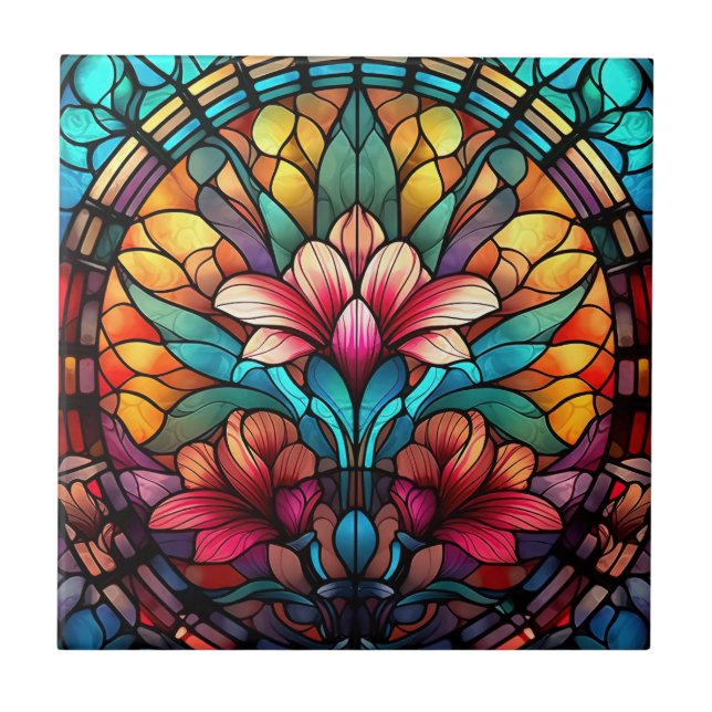 Carreau joli faux vitrail fleurs (Devant)