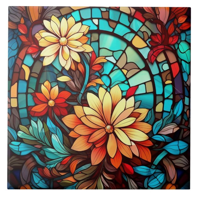 Carreau joli faux vitrail fleurs (Devant)