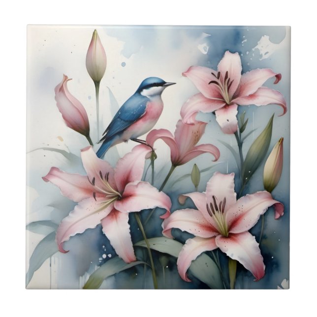 Carreau Joli hibiscus rose avec peinture d'aquarelle d'ois (Devant)