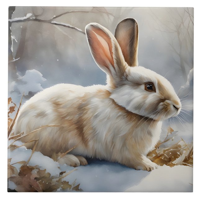 Carreau Joli lapin lapin Brown et blanc dans la neige (Devant)